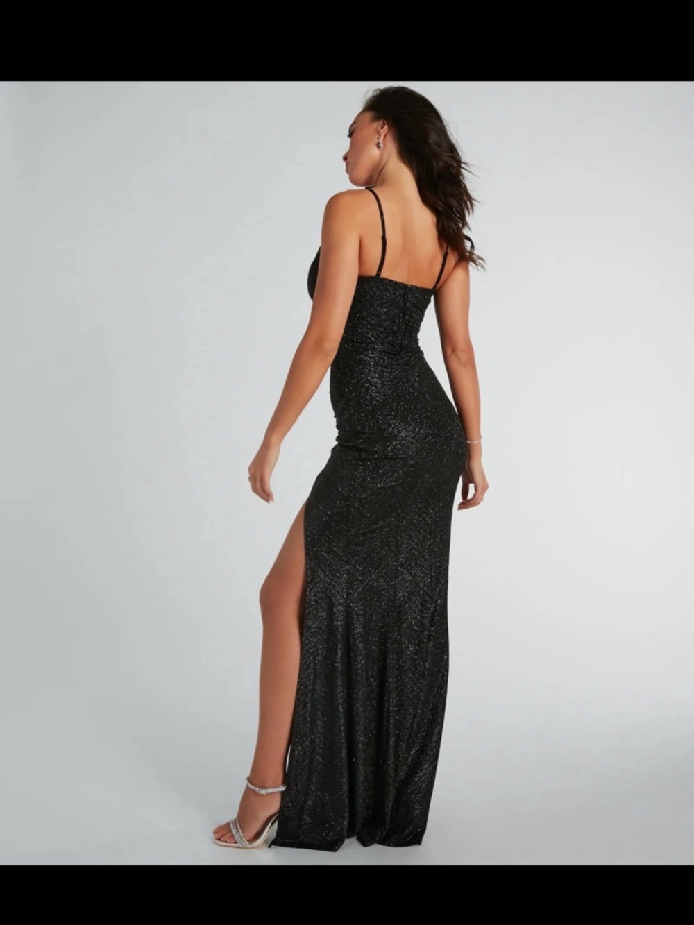 Windsor Black Sparkle Cowl Neck Slit Gown - Picture 2 of 3